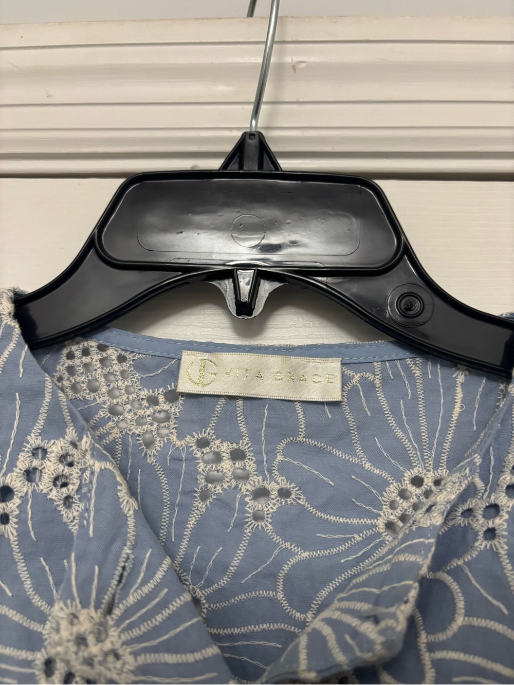 Vita Grace Blue Floral Embroidered Eyelet Cotton Puff Sleeve Blouse Top Size L - Picture 4 of 7